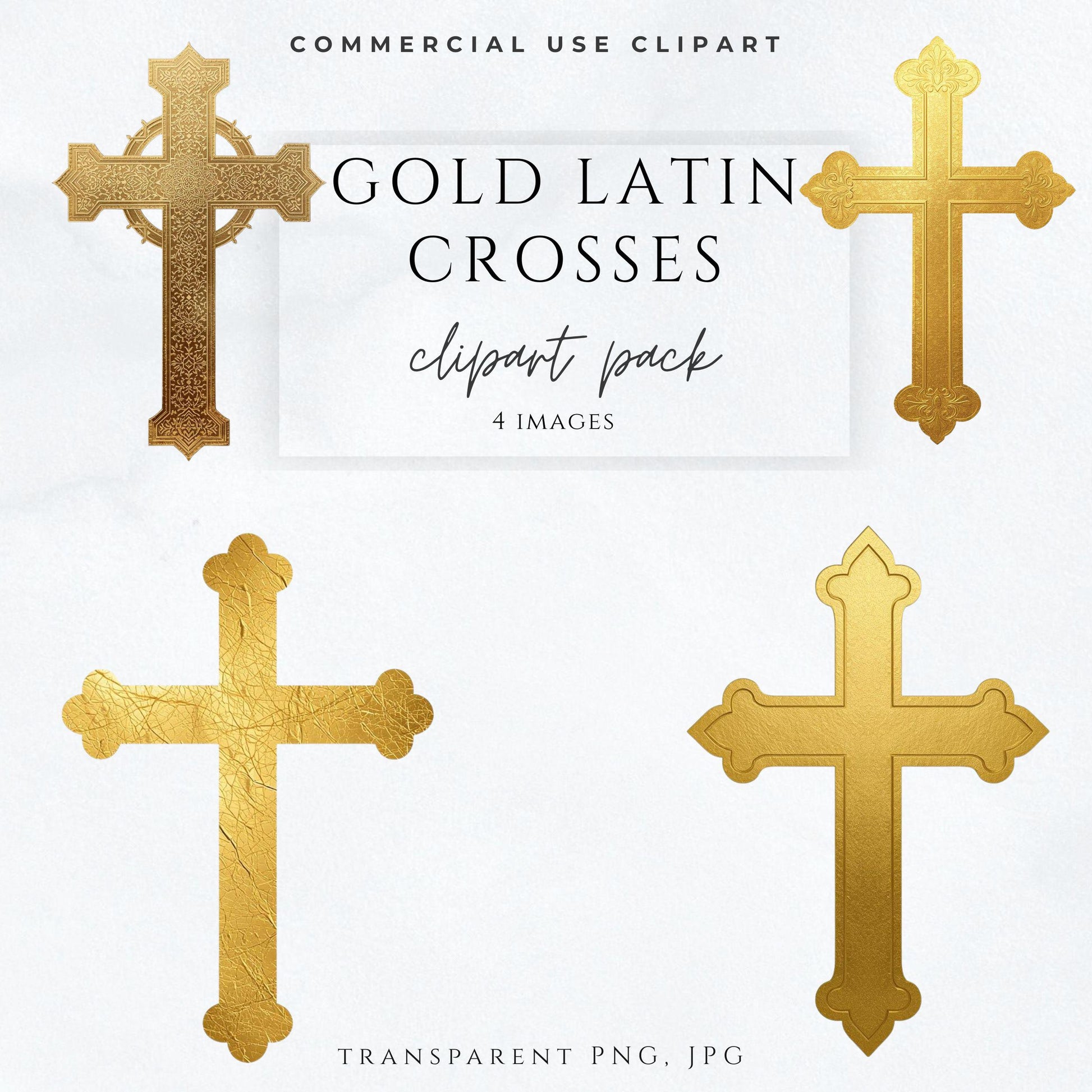 Catholic gold Latin cross clipart PNG with elegant religious design | Clipart de cruz latina dorada católica en PNG con diseño religioso elegante