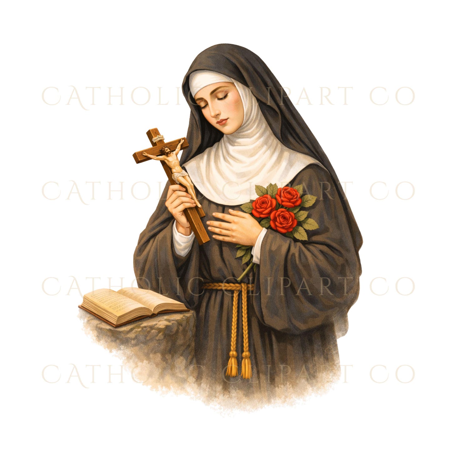 Catholic Bible and cross clipart in devotional illustration style – Clipart de Biblia y cruz católica en estilo ilustración devocional