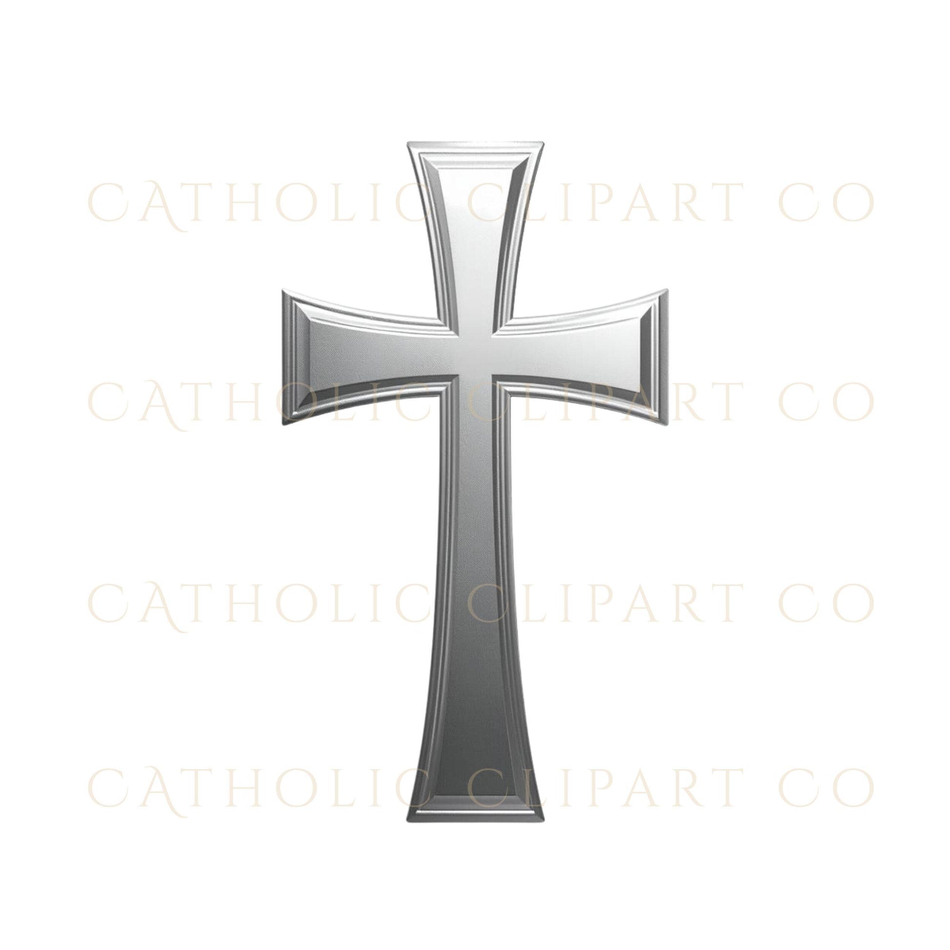 Religious silver cross clipart with clean lines and modern style / Clipart de cruz plateada religiosa con líneas limpias y estilo moderno