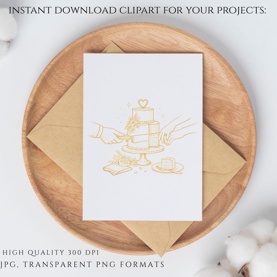 Wedding cake cutting illustration gold outline / Ilustración corte de pastel de boda contorno dorado