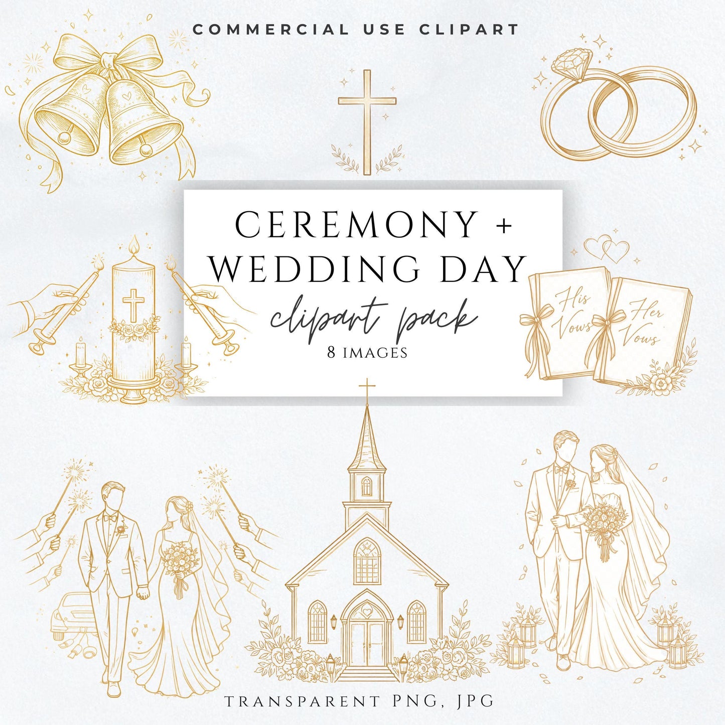 Catholic wedding ceremony clipart set with gold line art church, cross, rings and vows / Clipart de ceremonia de boda católica con iglesia, cruz, anillos y votos en línea dorada