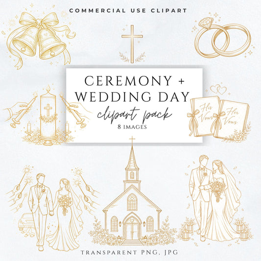 Catholic wedding ceremony clipart set with gold line art church, cross, rings and vows / Clipart de ceremonia de boda católica con iglesia, cruz, anillos y votos en línea dorada