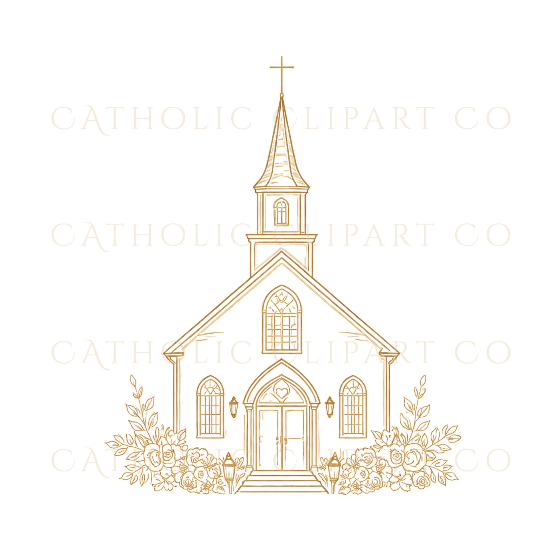 Catholic church wedding clipart for elegant stationery design / Clipart de boda en iglesia católica para papelería elegante
