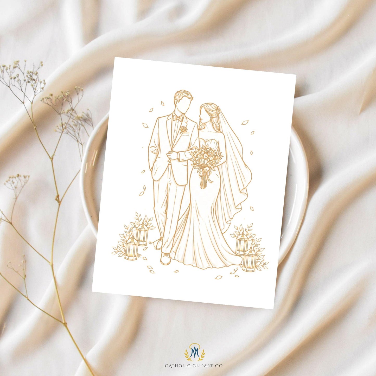 Christian wedding vows clipart with elegant gold line art style / Clipart de votos matrimoniales cristianos en estilo de línea dorada