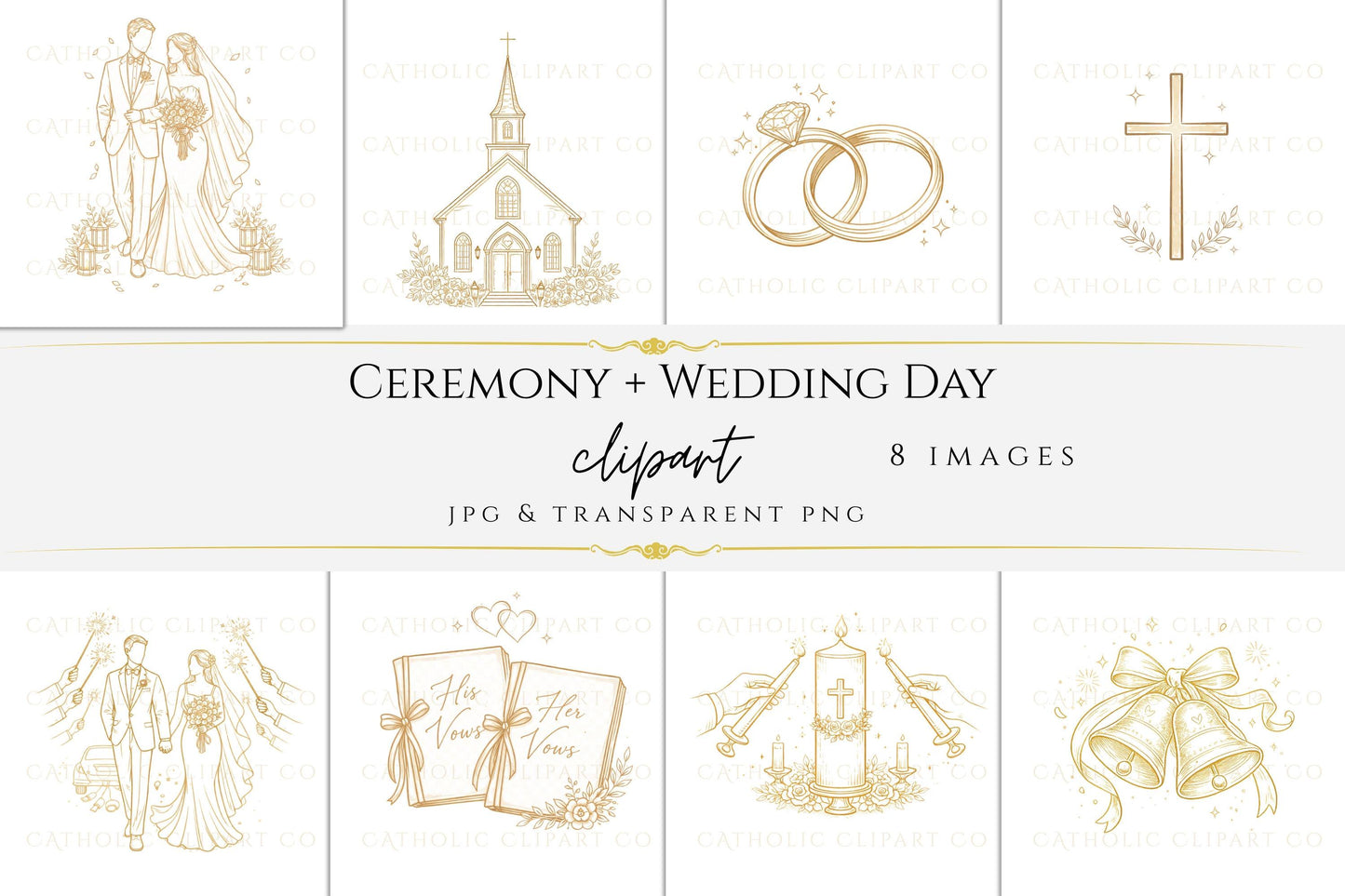Gold line art church wedding clipart for Catholic ceremony designs / Clipart de boda en iglesia con arte lineal dorado para ceremonias católicas
