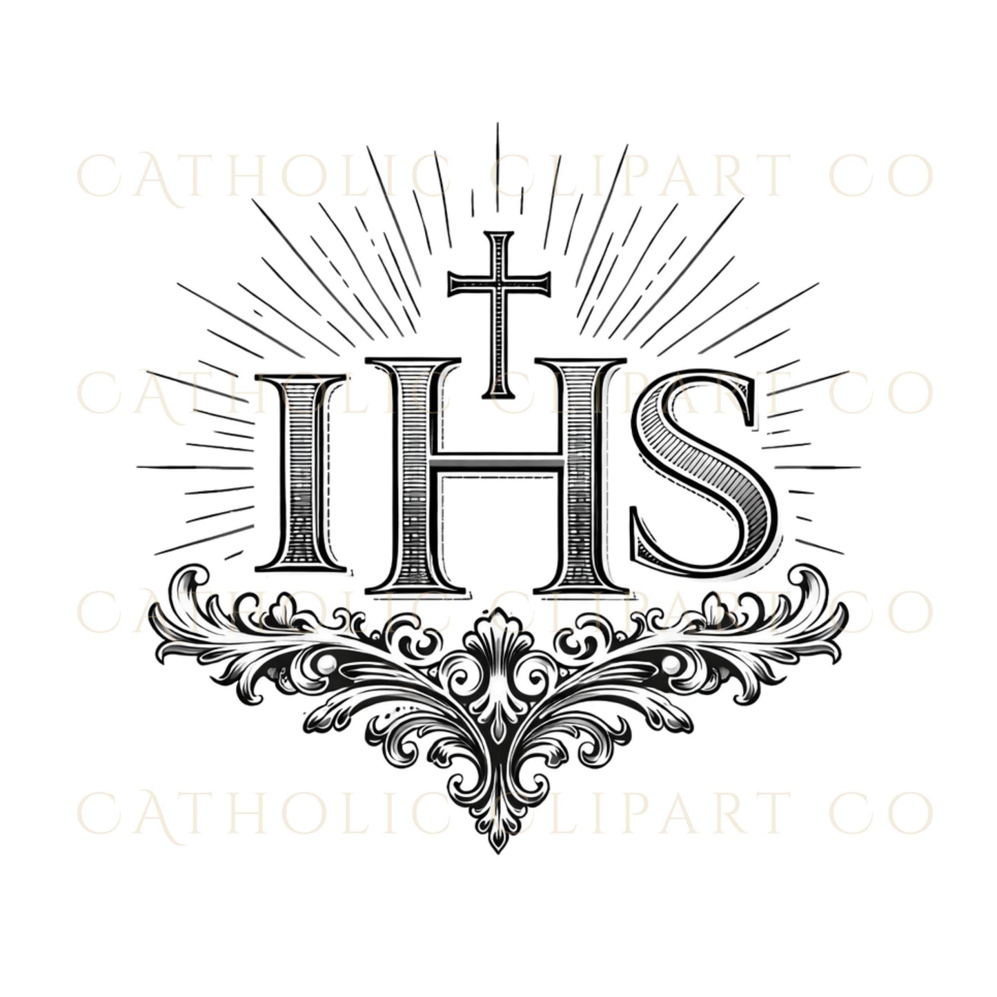 Ornamental gold IHS crest for church anniversary materials – Escudo ornamental IHS dorado para materiales de aniversario parroquial
