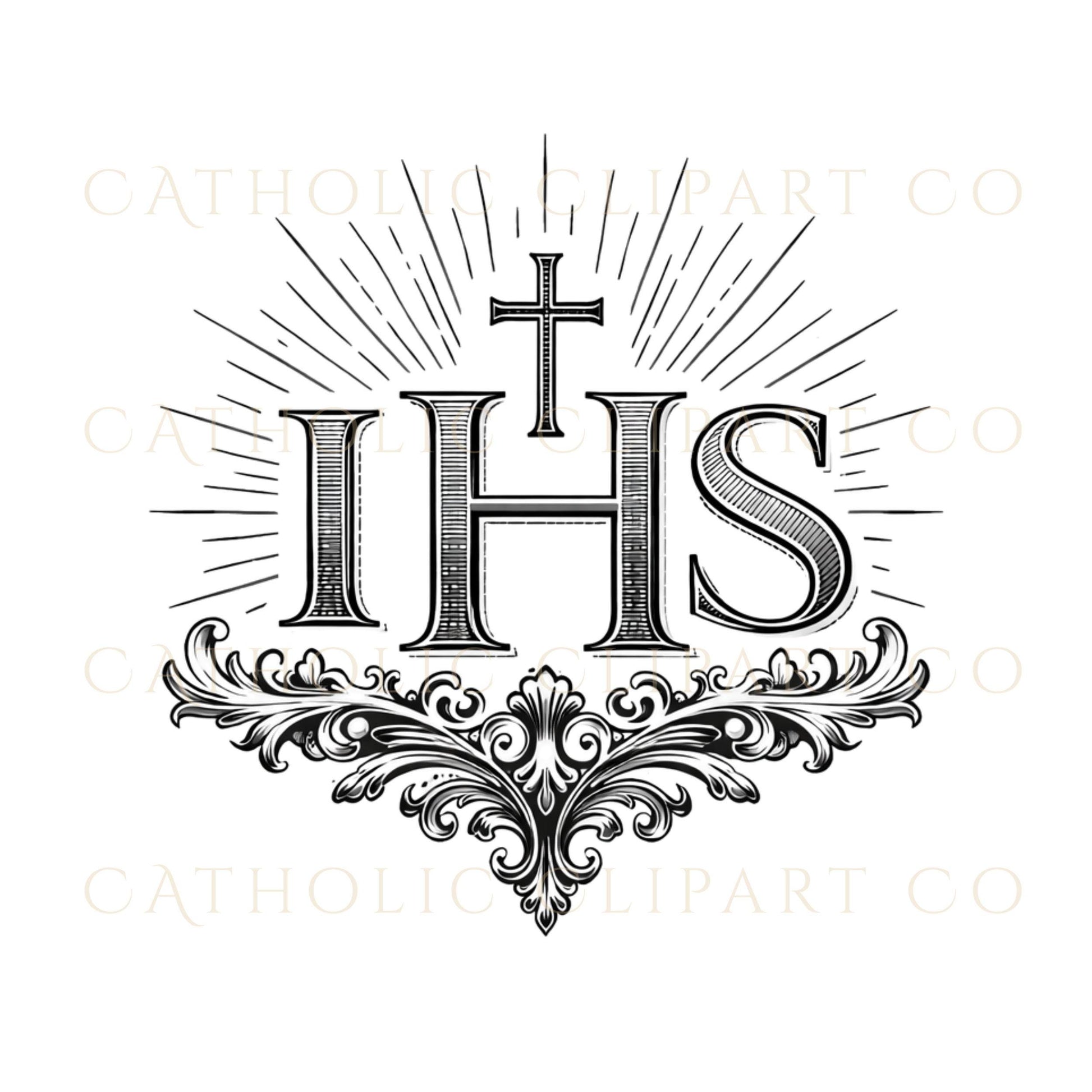 Ornamental gold IHS crest for church anniversary materials – Escudo ornamental IHS dorado para materiales de aniversario parroquial