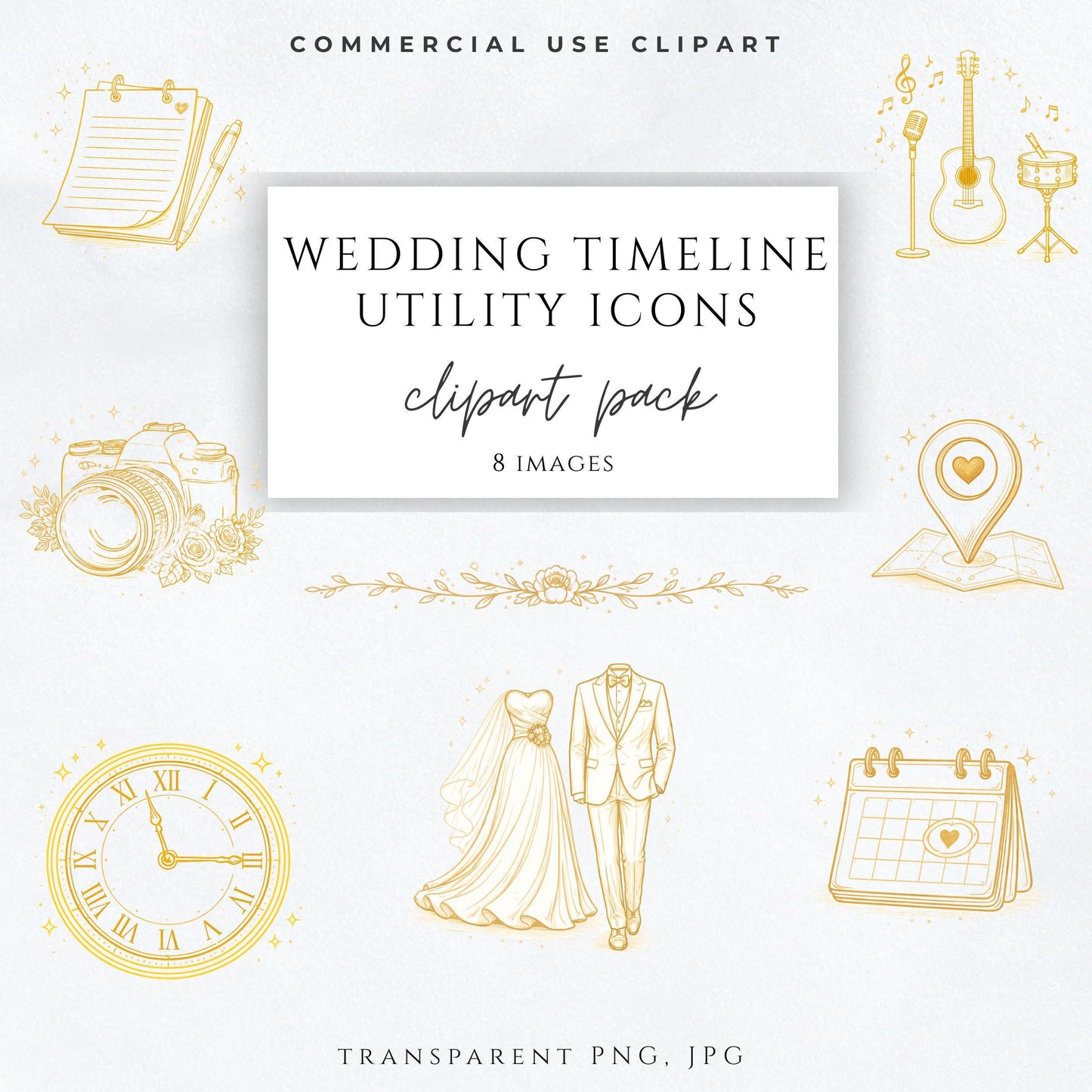 Gold wedding timeline clipart icons PNG for programs and Canva templates / Íconos dorados para línea de tiempo de boda en PNG para programas y Canva