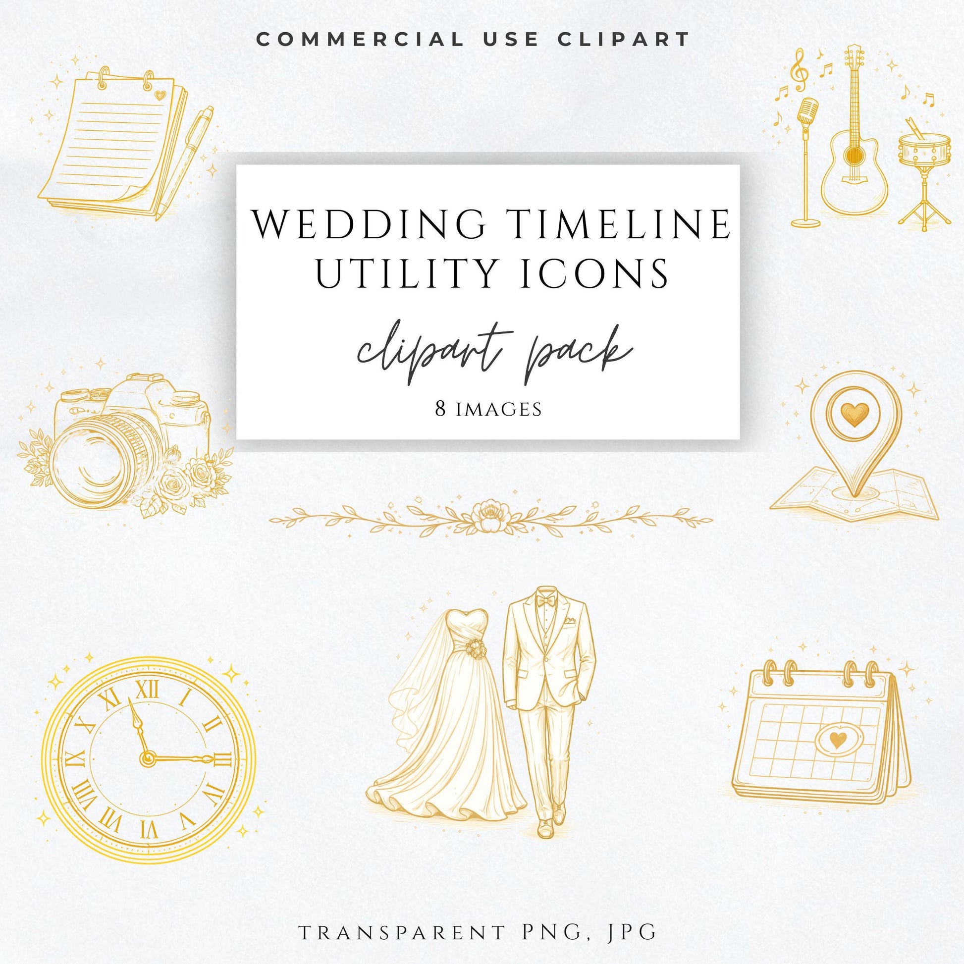 Gold wedding timeline clipart icons PNG for programs and Canva templates / Íconos dorados para línea de tiempo de boda en PNG para programas y Canva
