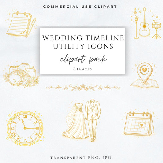 Gold wedding timeline clipart icons PNG for programs and Canva templates / Íconos dorados para línea de tiempo de boda en PNG para programas y Canva