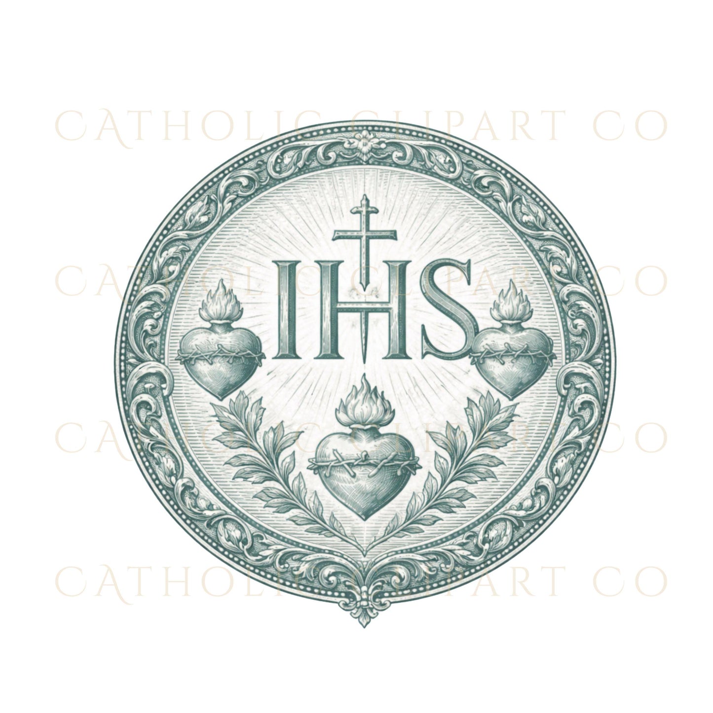 Ornate IHS Catholic emblem for wedding Mass invitation design / Emblema católico IHS ornamental para invitaciones de boda con Misa