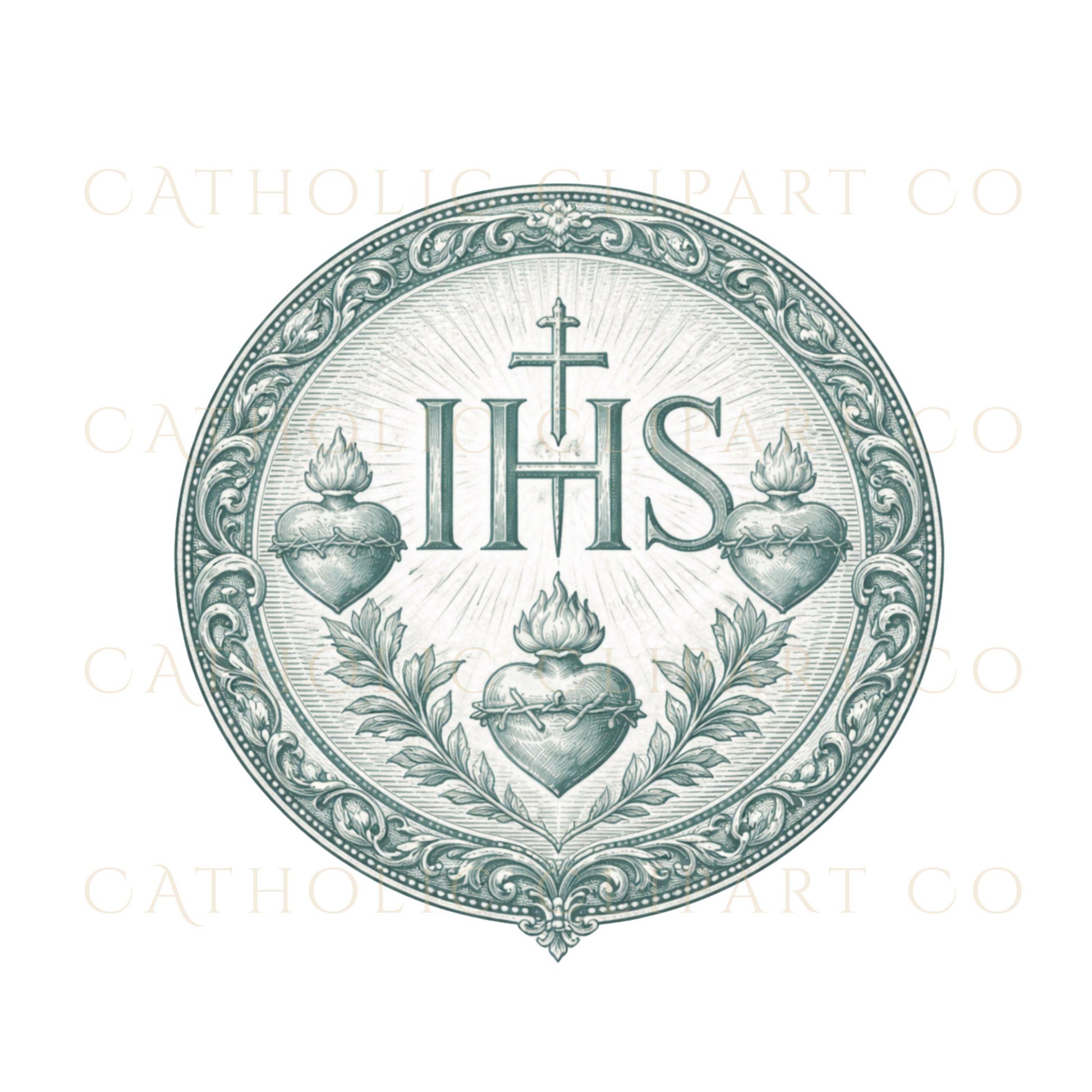 Ornate IHS Catholic emblem for wedding Mass invitation design / Emblema católico IHS ornamental para invitaciones de boda con Misa