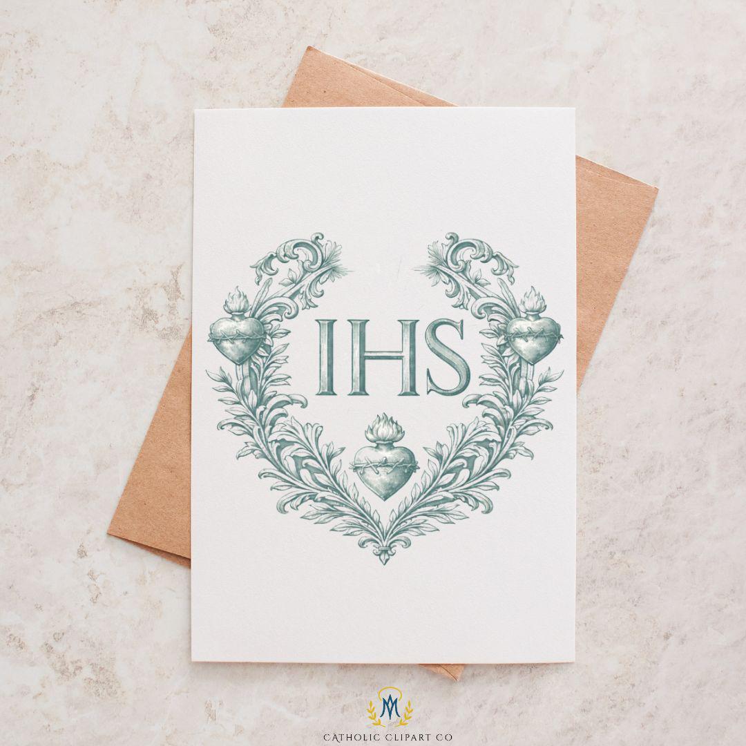 Sacred Heart IHS monogram crest for wedding invitations and parish logos / Escudo monograma IHS con Sagrado Corazón para invitaciones y logos parroquiales