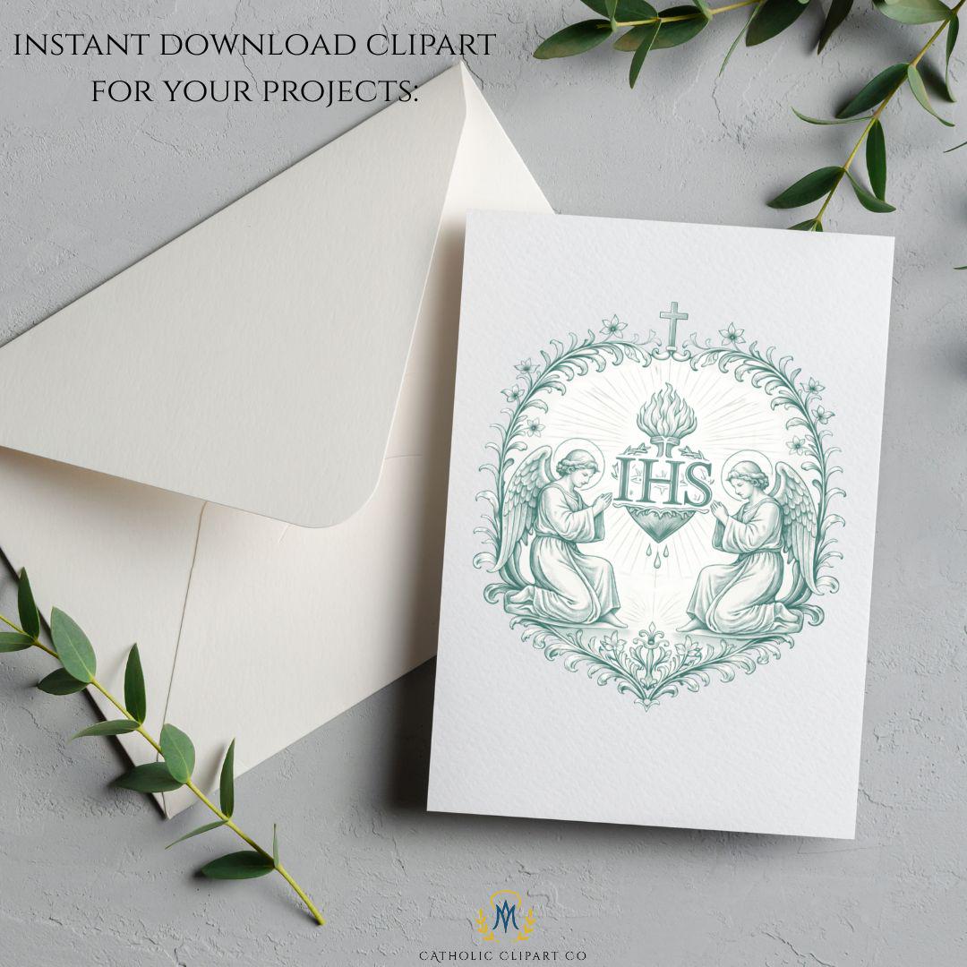 Catholic IHS emblem with angel adoration design in vintage engraving style / Emblema católico IHS con ángeles en estilo grabado vintage