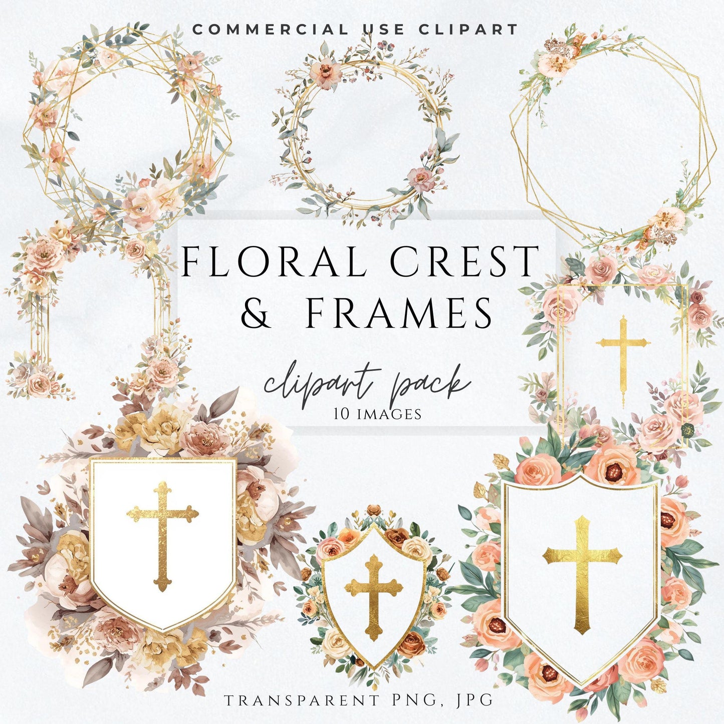 Catholic wedding crest clipart with gold cross shield and blush florals – Escudo floral católico con cruz dorada y flores suaves