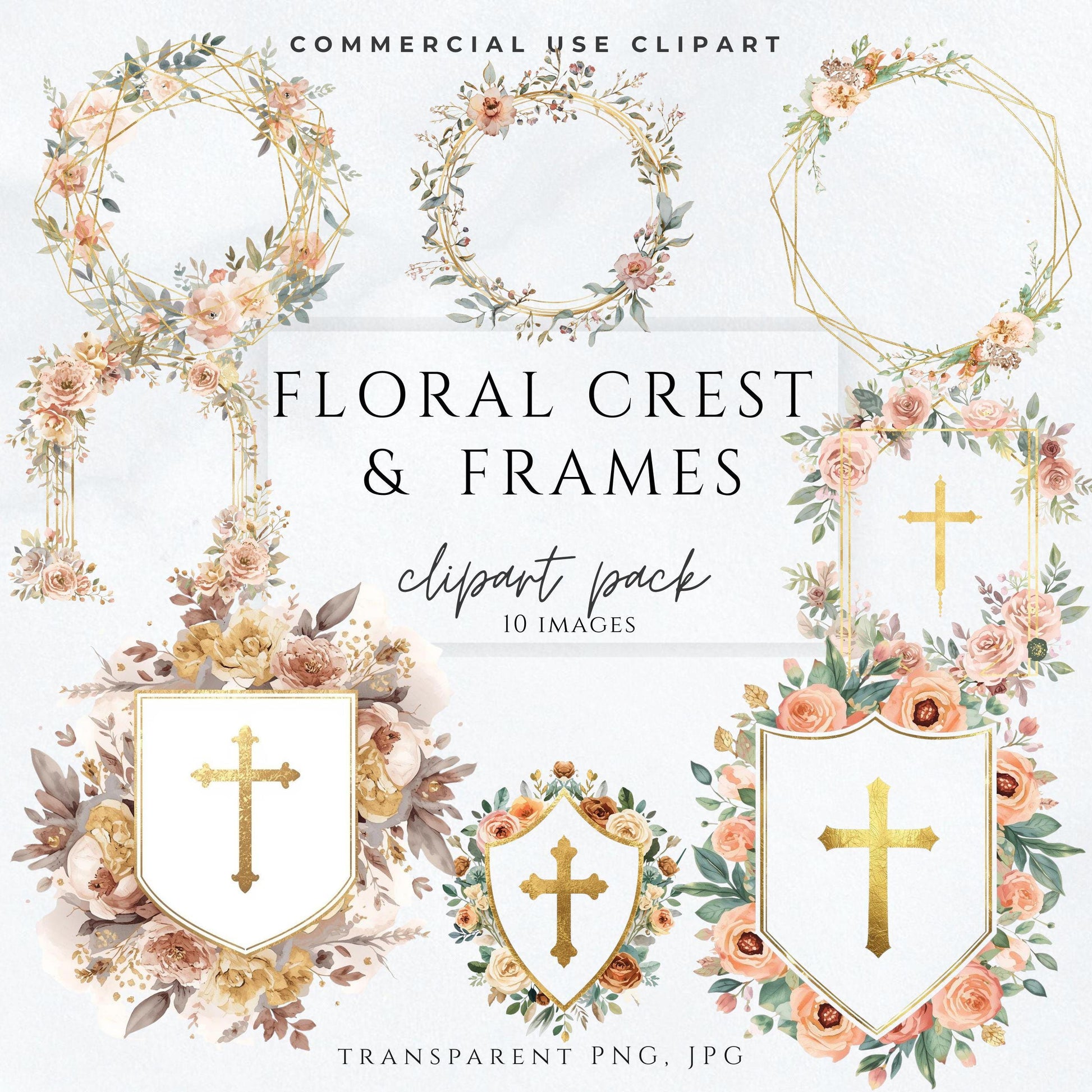 Catholic wedding crest clipart with gold cross shield and blush florals – Escudo floral católico con cruz dorada y flores suaves