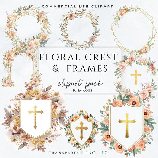 Catholic wedding crest clipart with gold cross shield and blush florals – Escudo floral católico con cruz dorada y flores suaves