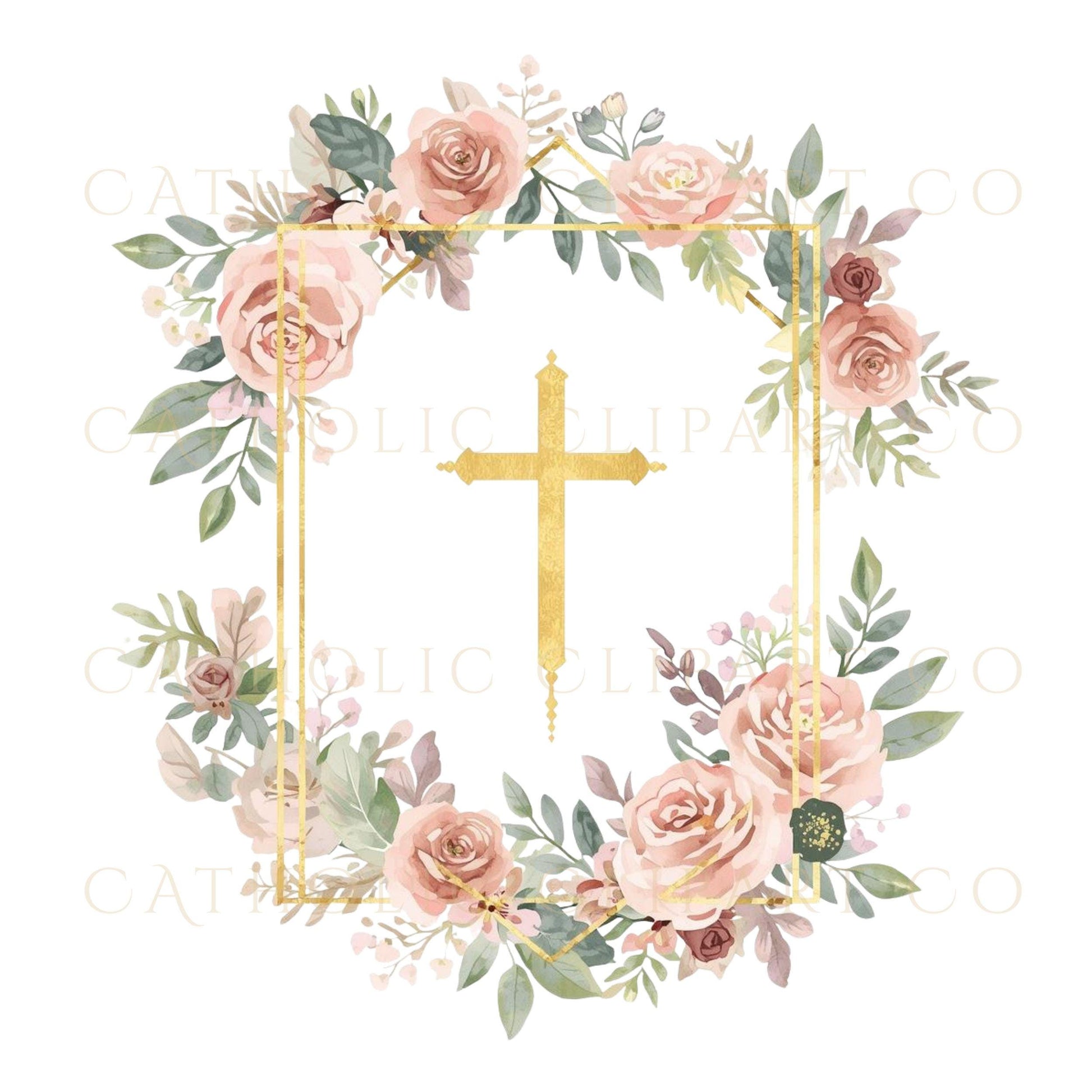 Catholic shield clipart with romantic wedding florals – Escudo católico con flores románticas para boda