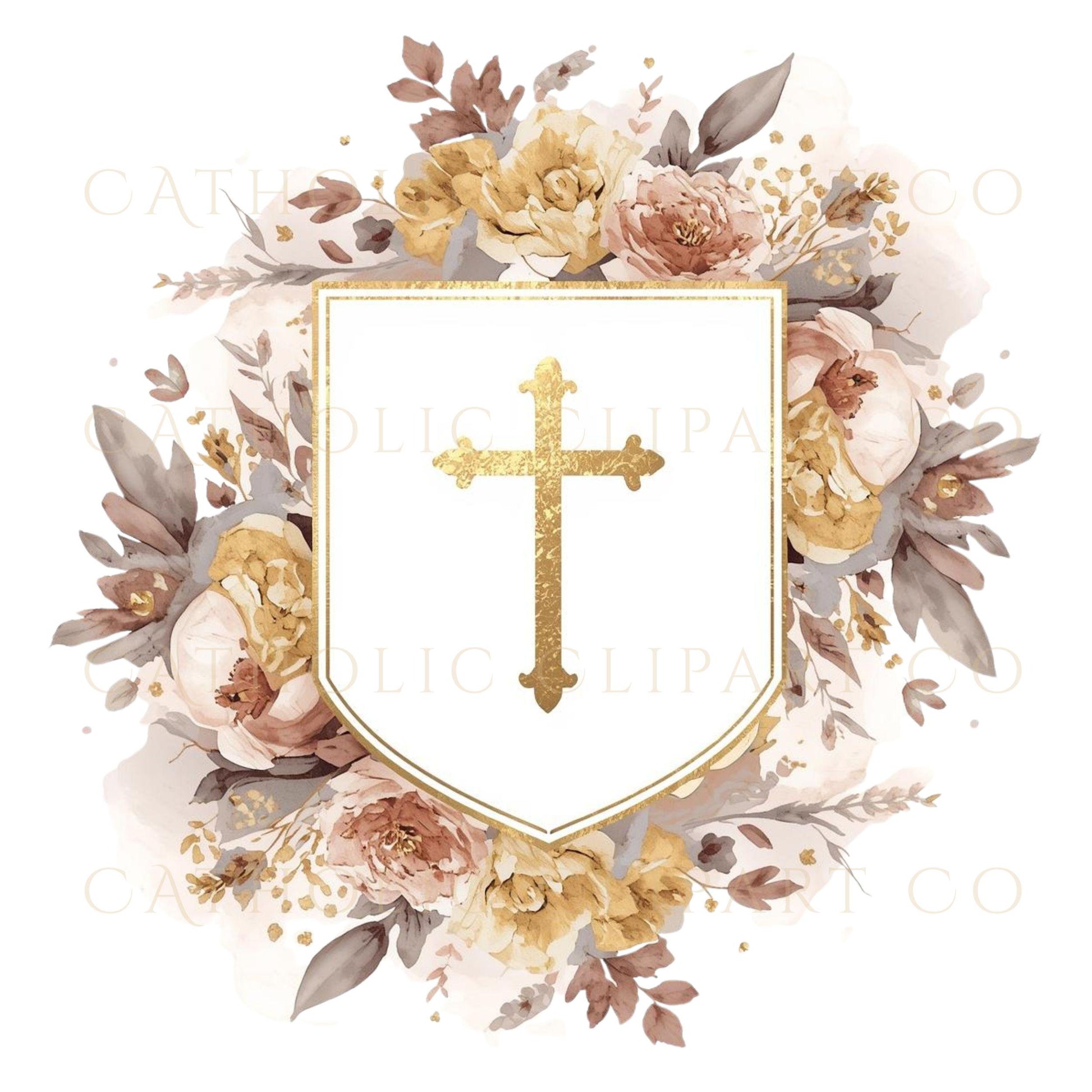 Baptism invitation floral frame with gold cross accent – Marco floral para invitación de bautizo con cruz dorada