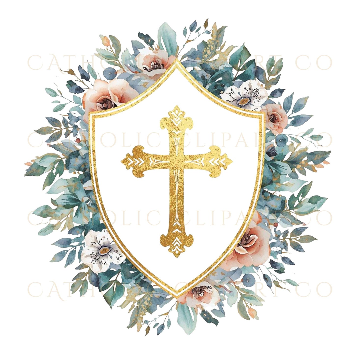 Christian wedding crest PNG with soft neutral roses and gold cross – Crest cristiano para boda con rosas neutras y cruz dorada