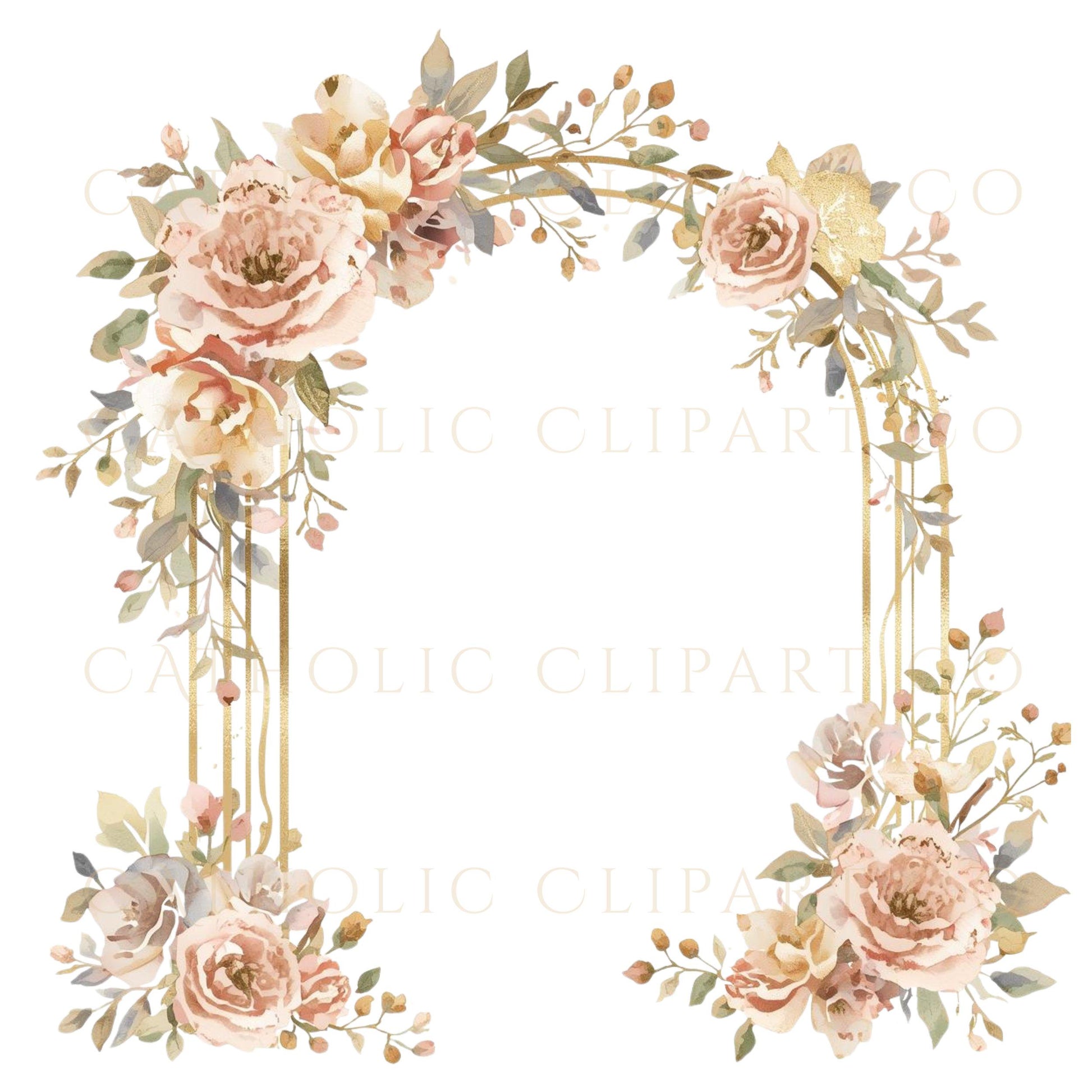 Floral geometric wreath clipart with gold accents – Corona floral geométrica con acentos dorados