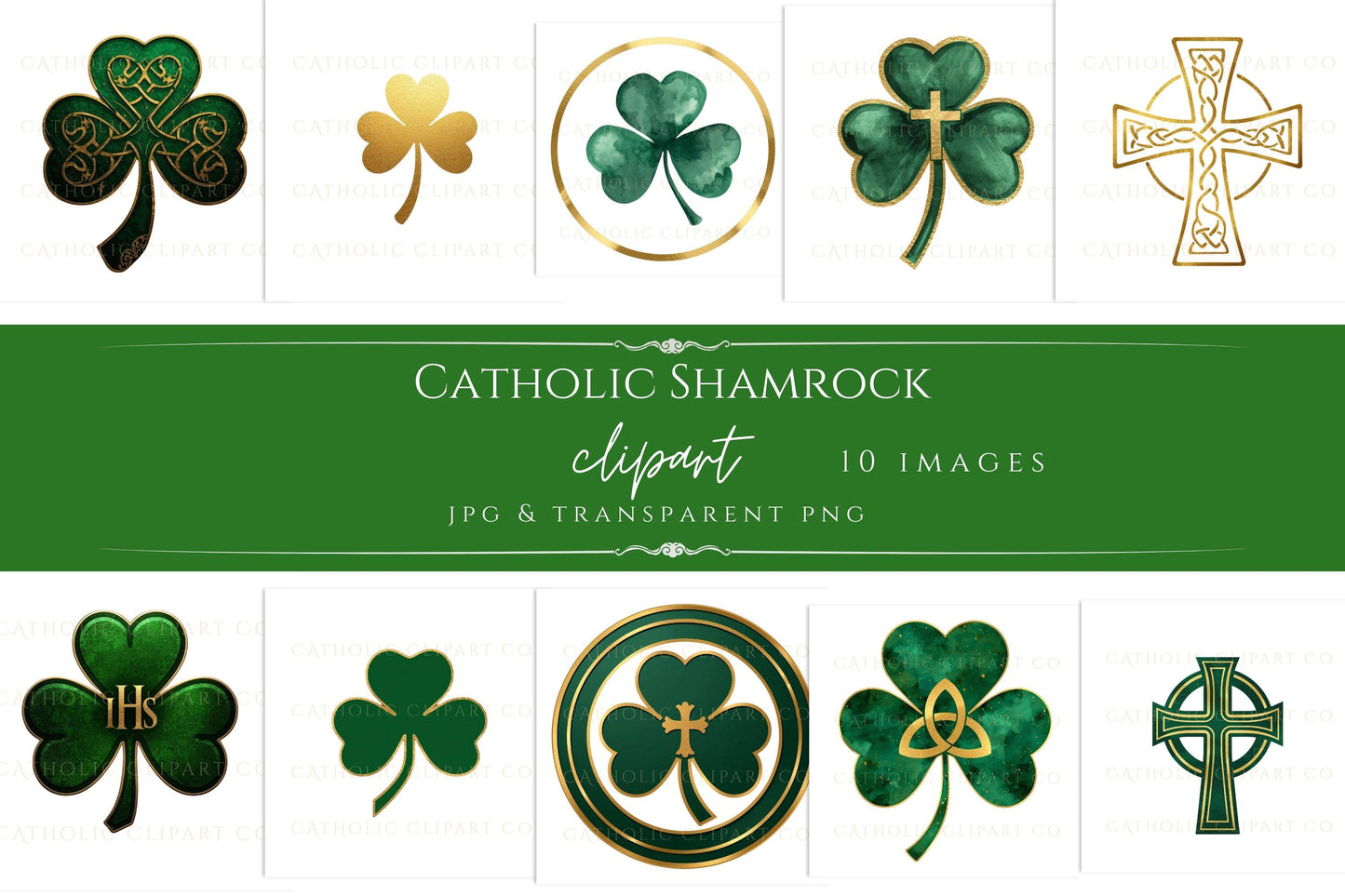 Shamrock Catholic symbol with cross and green Celtic design | Símbolo católico de trébol con cruz y diseño celta verde