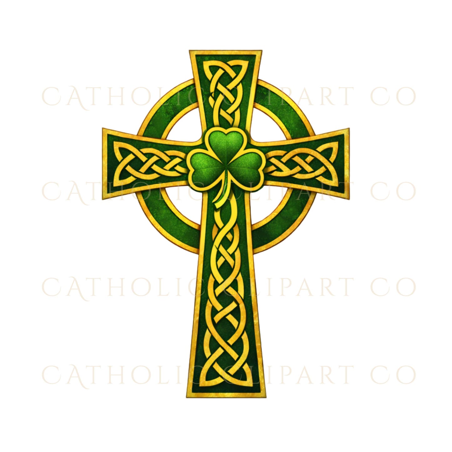 St Patrick Celtic cross clipart green gold Christian design | Cruz celta de San Patricio clipart diseño cristiano verde y dorado
