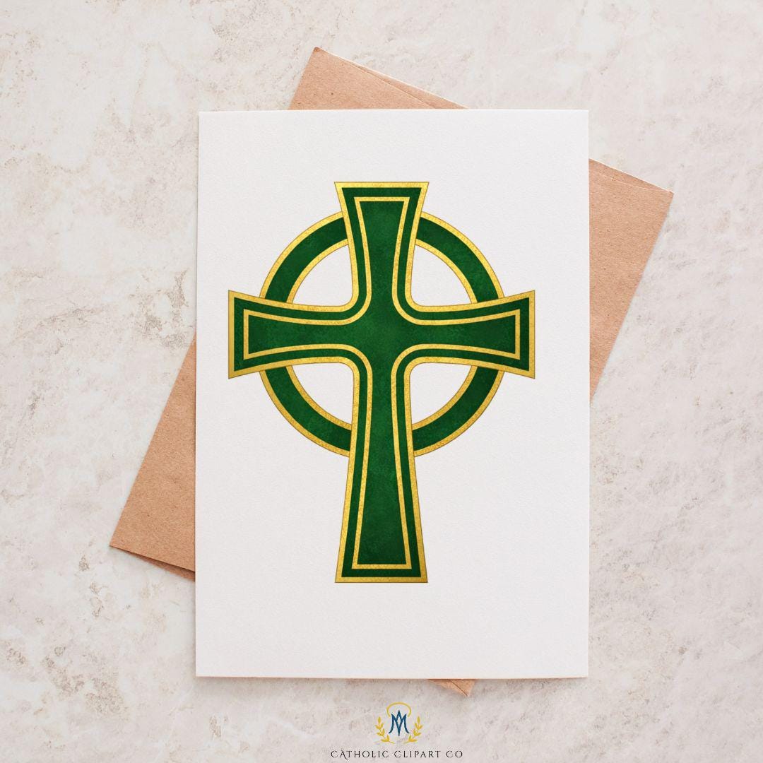Celtic knot cross clipart green and gold religious graphic | Cruz celta con nudo clipart gráfico religioso verde y dorado