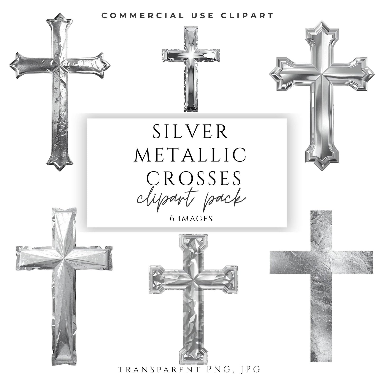 Silver metallic cross clipart set with six Catholic cross designs in polished silver finish / Conjunto de cruces metálicas plateadas con seis diseños católicos en acabado pulido