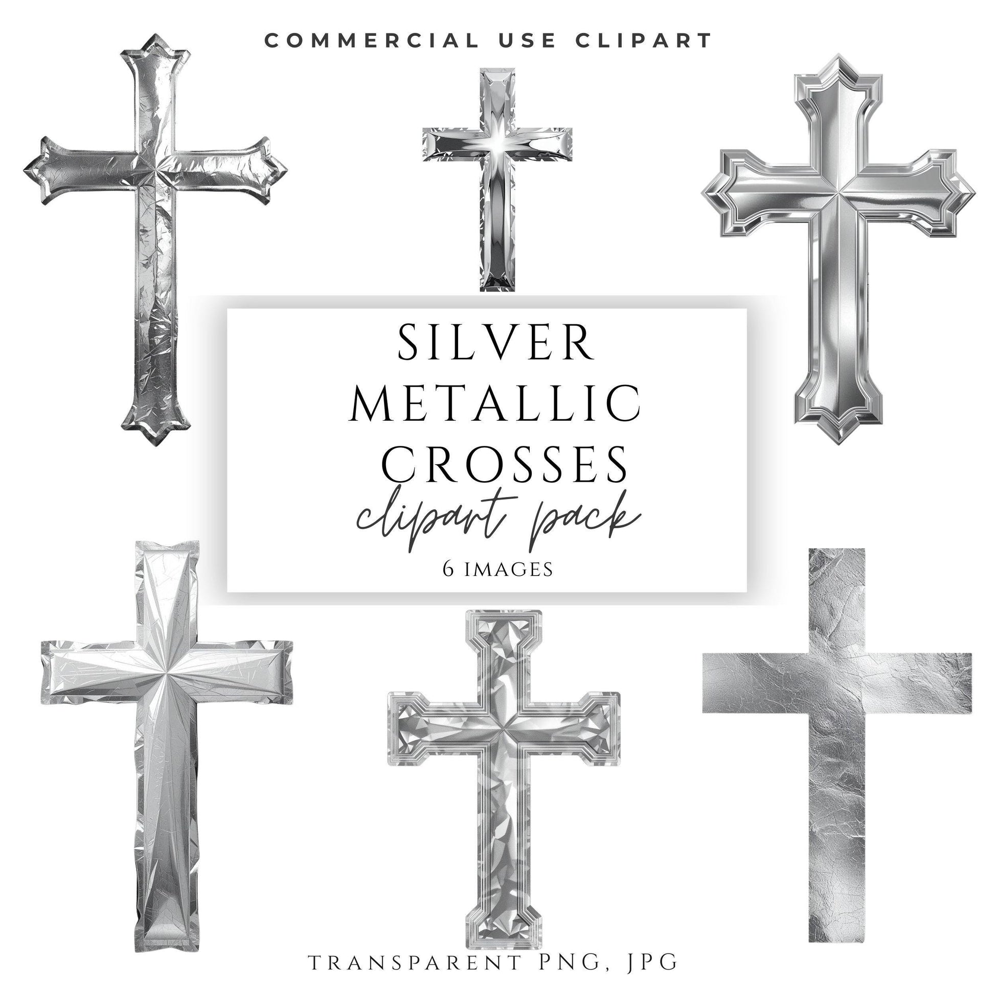 Silver metallic cross clipart set with six Catholic cross designs in polished silver finish / Conjunto de cruces metálicas plateadas con seis diseños católicos en acabado pulido