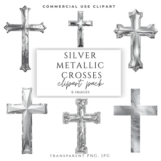 Silver metallic cross clipart set with six Catholic cross designs in polished silver finish / Conjunto de cruces metálicas plateadas con seis diseños católicos en acabado pulido