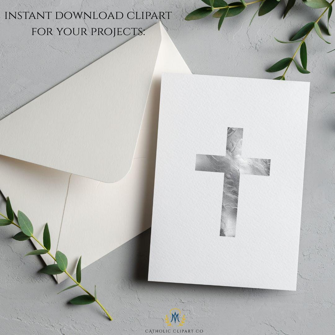 Metallic silver Catholic cross PNG pack for wedding invitations and church branding / Paquete PNG de cruces católicas plateadas para invitaciones de boda y branding parroquial