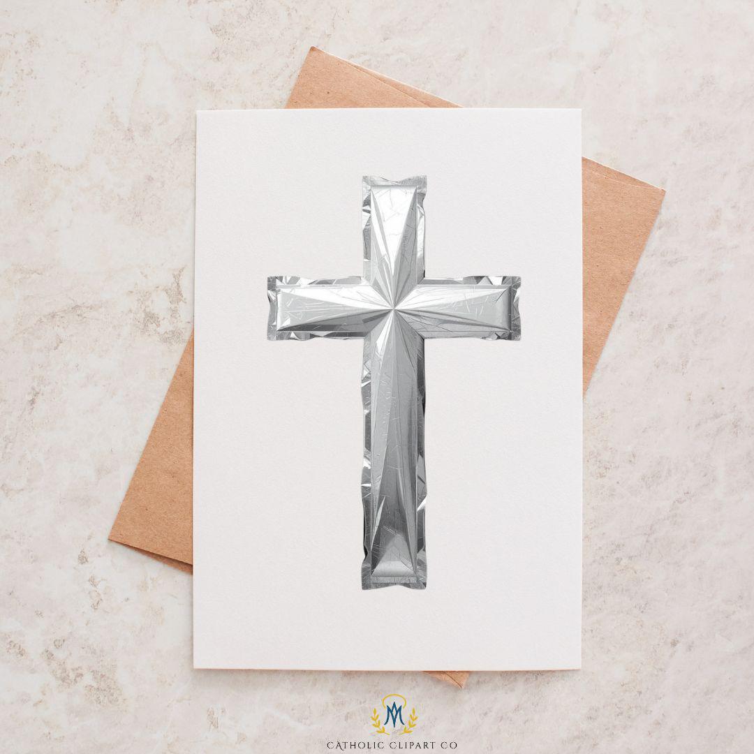 Six silver Christian cross clipart designs with transparent background / Seis diseños de cruces cristianas plateadas con fondo transparente