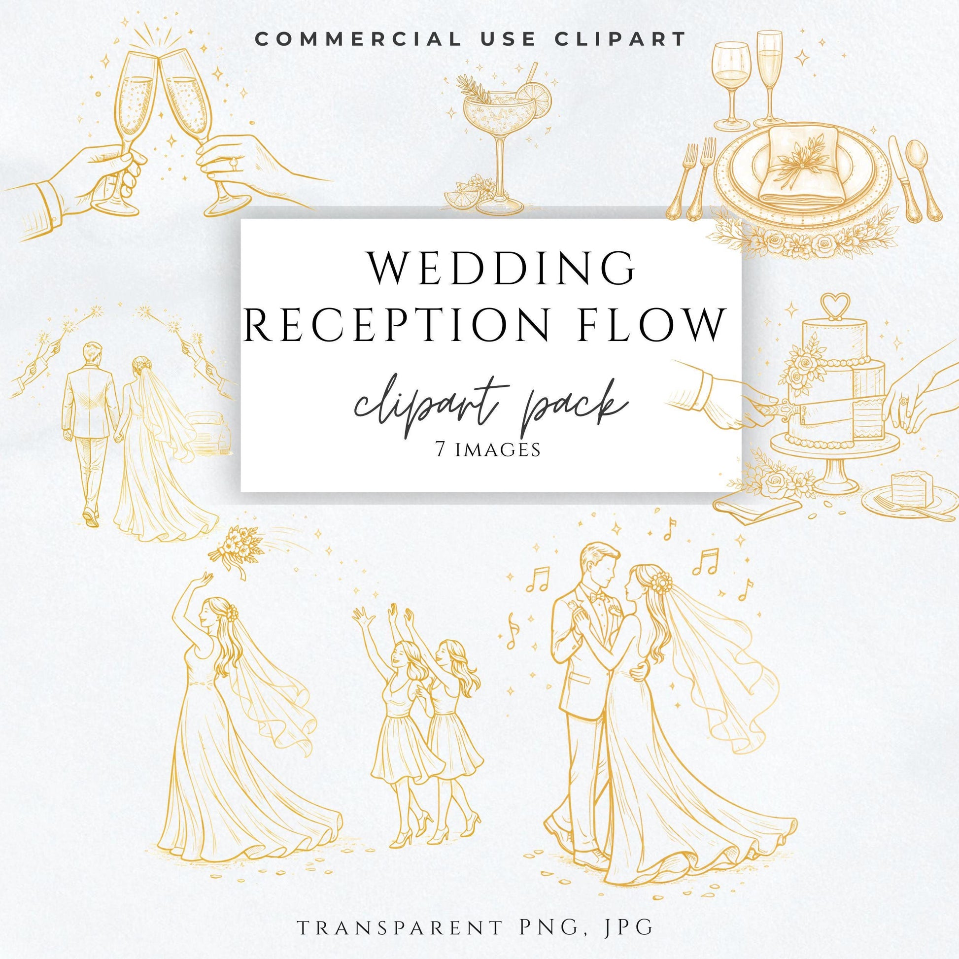 Wedding reception timeline clipart in gold line art style / Clipart línea dorada para línea de tiempo de recepción de boda