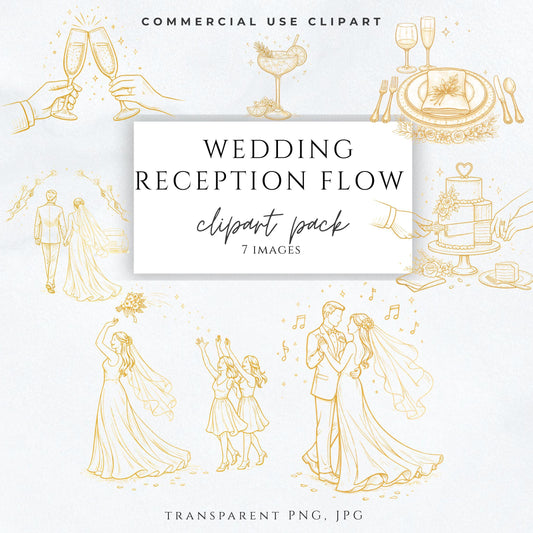 Wedding reception timeline clipart in gold line art style / Clipart línea dorada para línea de tiempo de recepción de boda