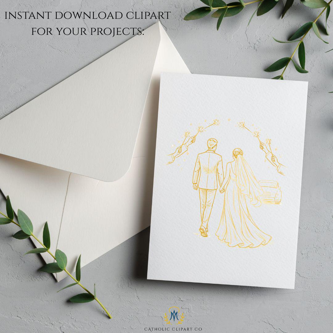 First dance bride and groom gold line art PNG / Primer baile novios arte en línea dorada PNG