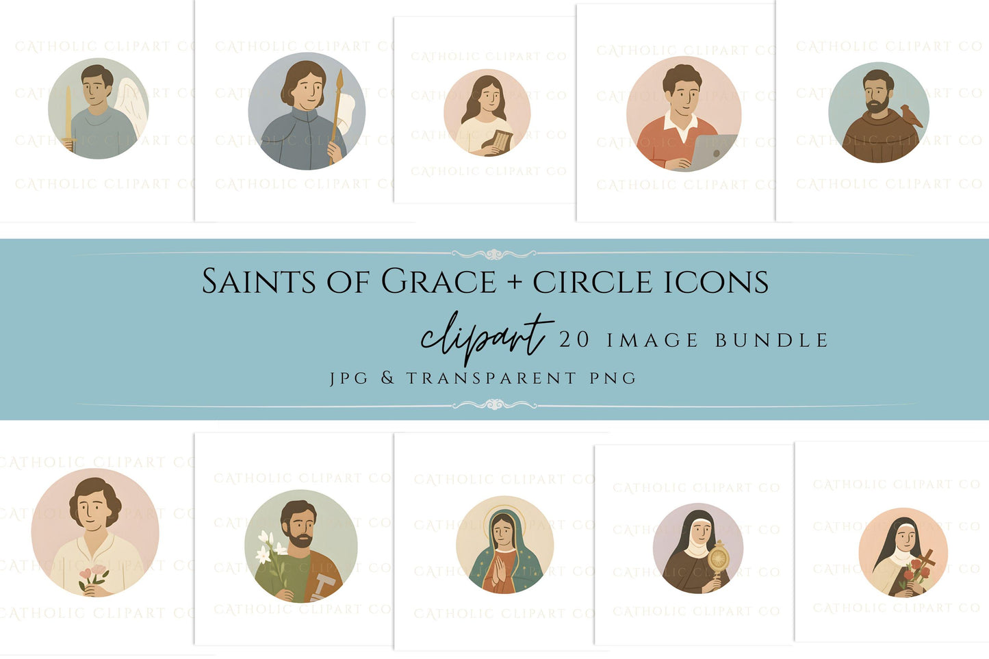 Modern Catholic saints clipart portrait illustrations saint graphics bundle | Ilustraciones modernas de santos católicos retratos clipart religioso