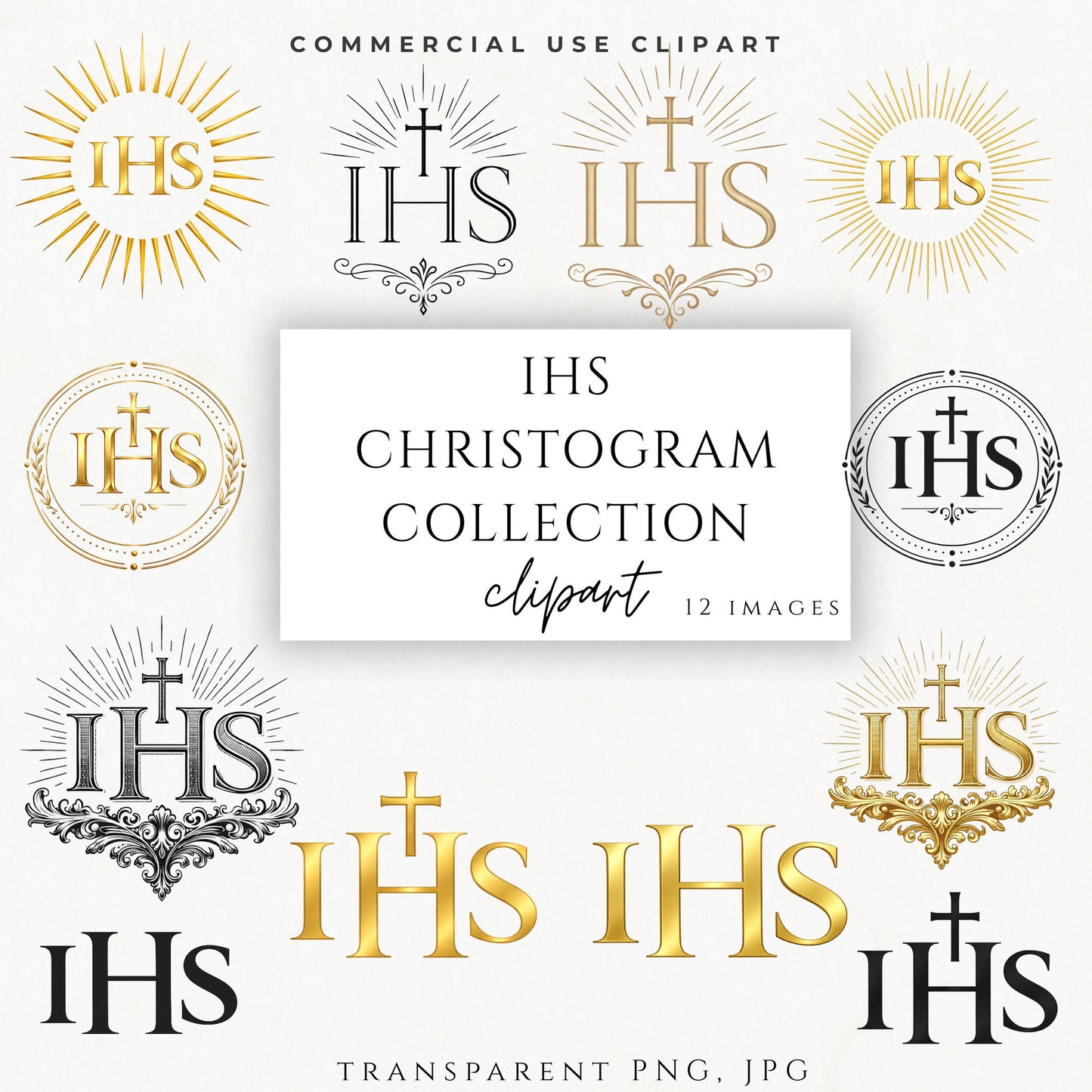 Gold IHS Christogram clipart with cross and radiant rays for Catholic wedding invitations – Monograma IHS dorado con cruz y rayos para invitaciones de boda católica