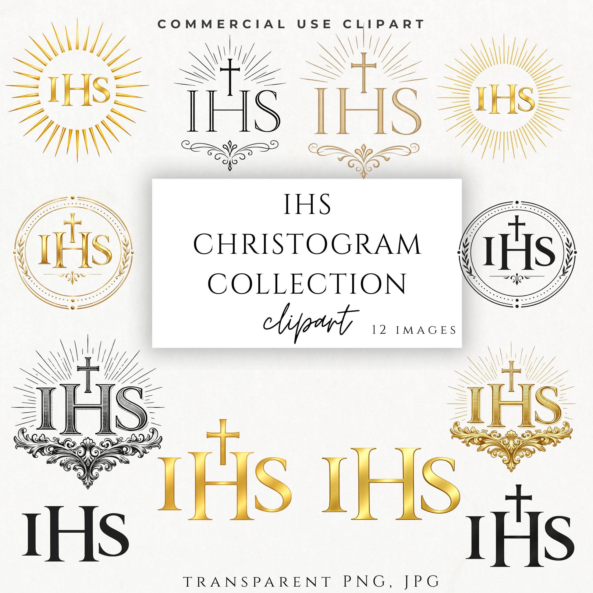 Gold IHS Christogram clipart with cross and radiant rays for Catholic wedding invitations – Monograma IHS dorado con cruz y rayos para invitaciones de boda católica