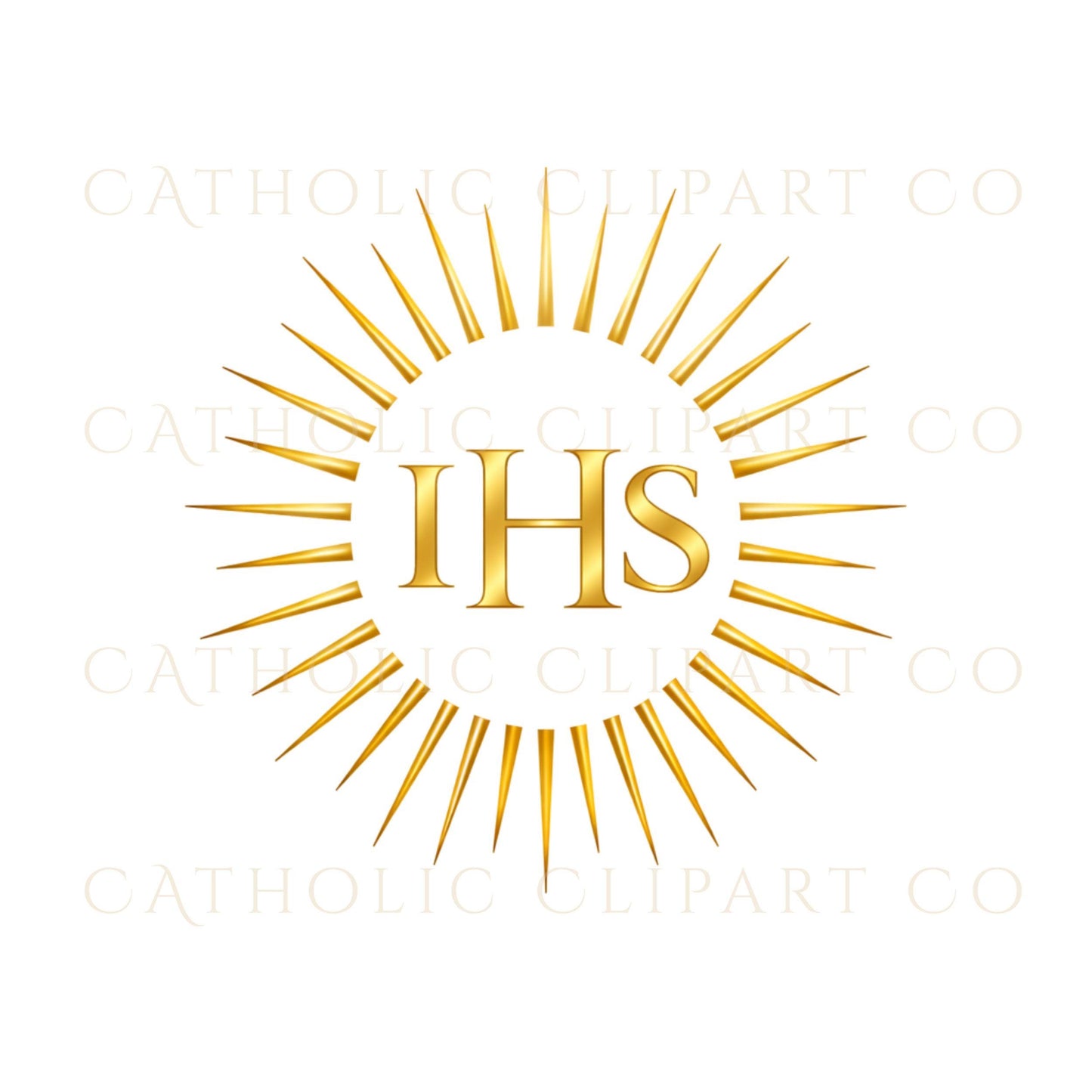 Gold Catholic Christogram crest with traditional serif typography – Escudo católico IHS en dorado con tipografía serif tradicional