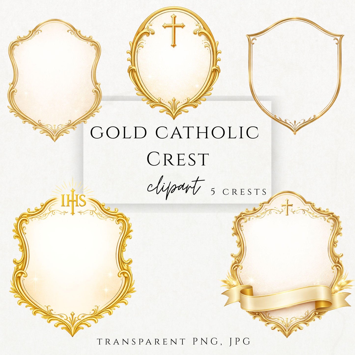 Gold Catholic crest clipart with cross and IHS frame – Escudo católico dorado con cruz e IHS