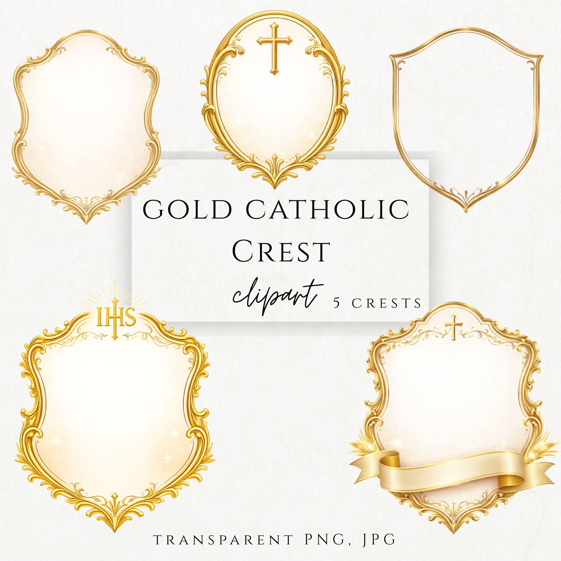 Gold Catholic crest clipart with cross and IHS frame – Escudo católico dorado con cruz e IHS