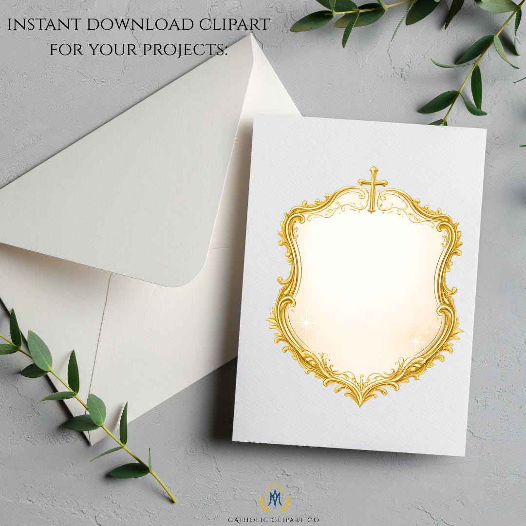Catholic wedding crest frame with elegant gold detail – Escudo de boda católica con detalles dorados