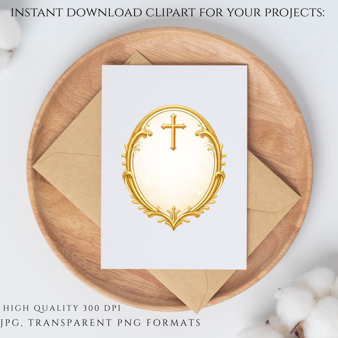 Gold Catholic logo frame PNG commercial use – Marco dorado católico PNG uso comercial