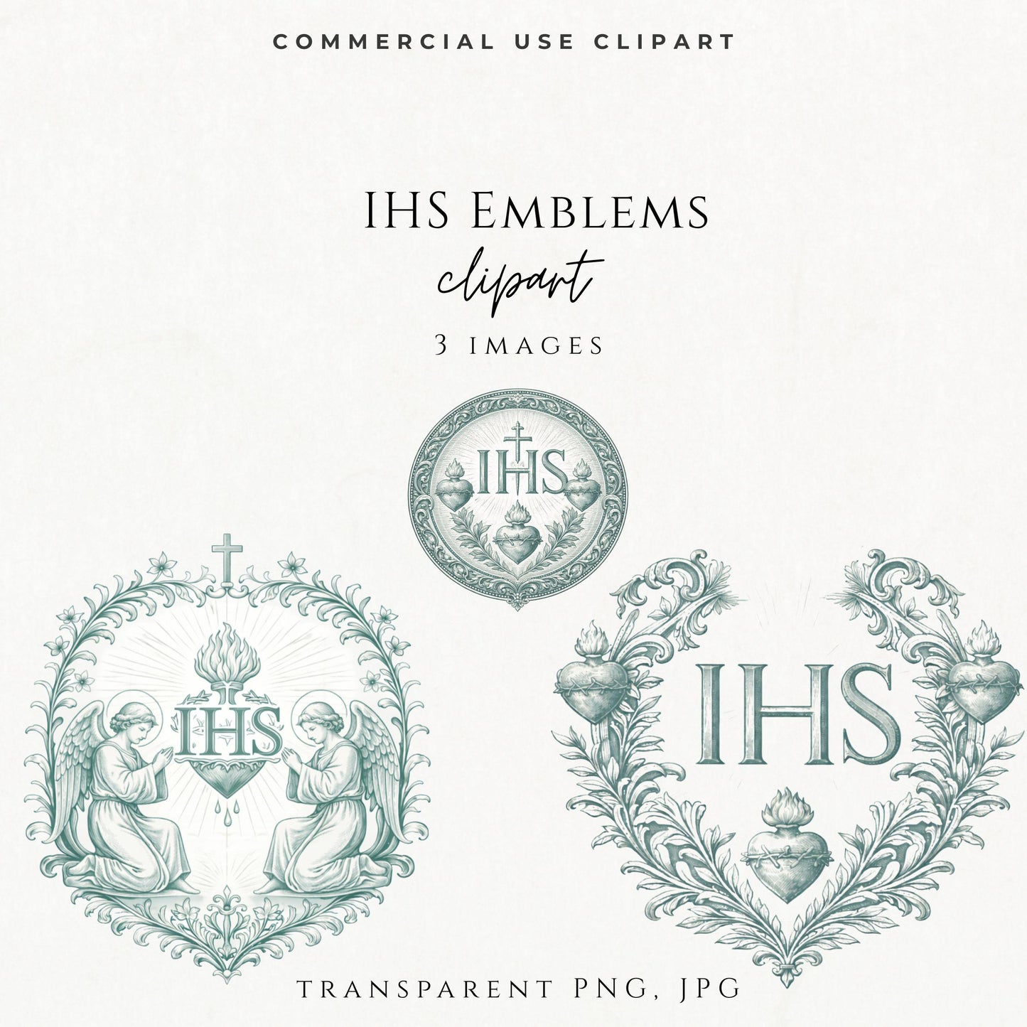 IHS crest clipart PNG with Sacred Heart and ornate Catholic frame / Escudo IHS PNG con Sagrado Corazón y marco católico ornamental