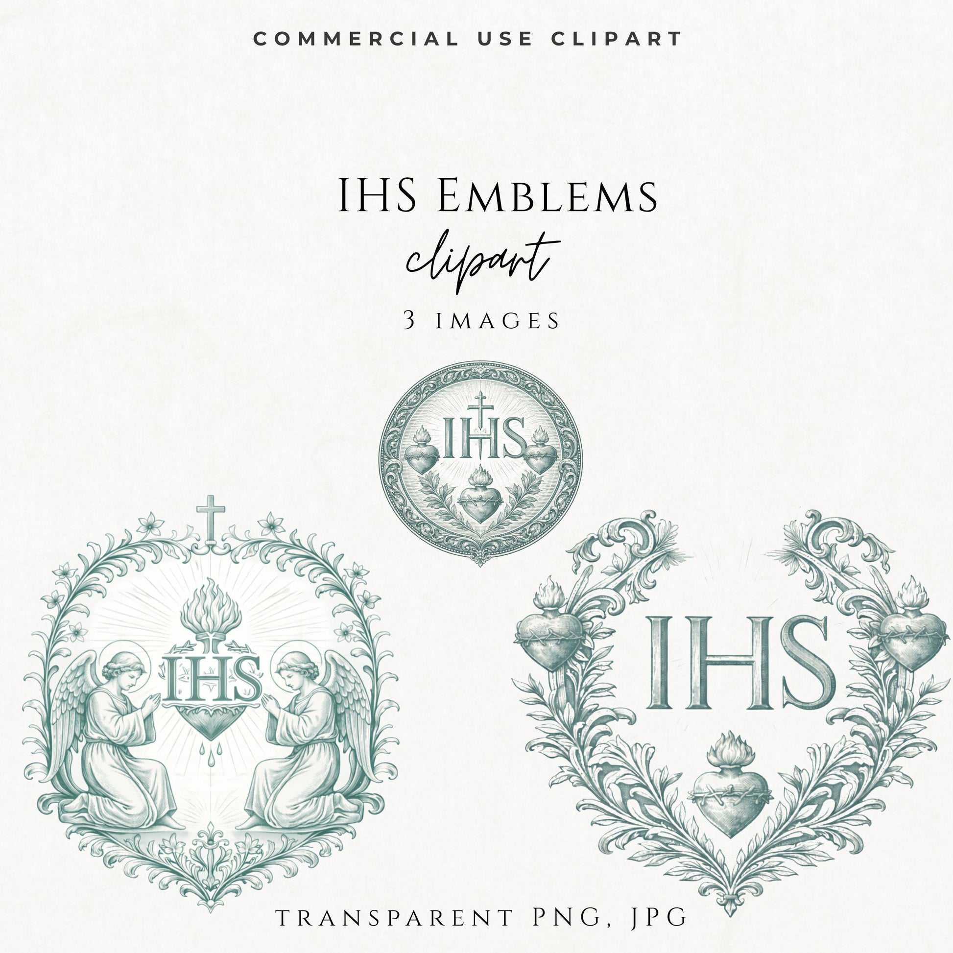 IHS crest clipart PNG with Sacred Heart and ornate Catholic frame / Escudo IHS PNG con Sagrado Corazón y marco católico ornamental