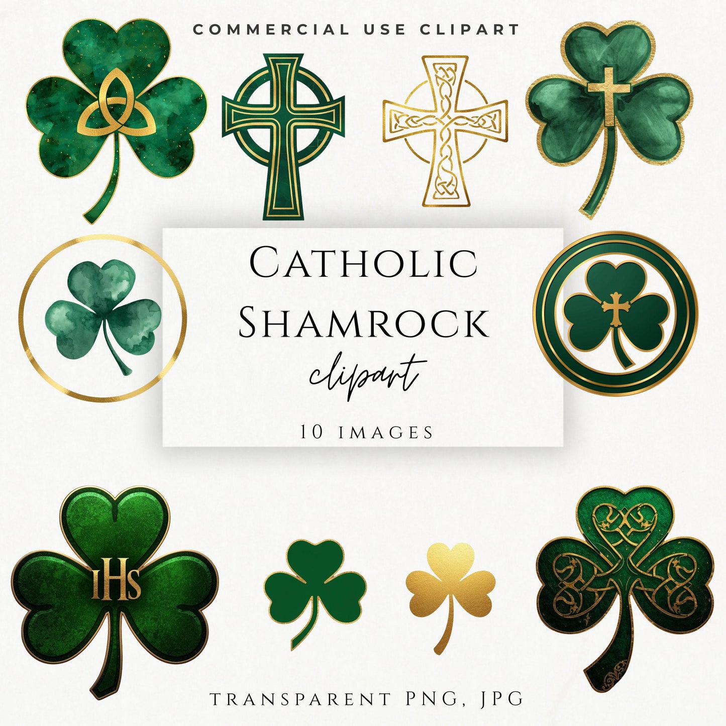 Catholic shamrock clipart with Trinity symbol and gold foil design | Trébol católico con símbolo de la Trinidad y diseño dorado