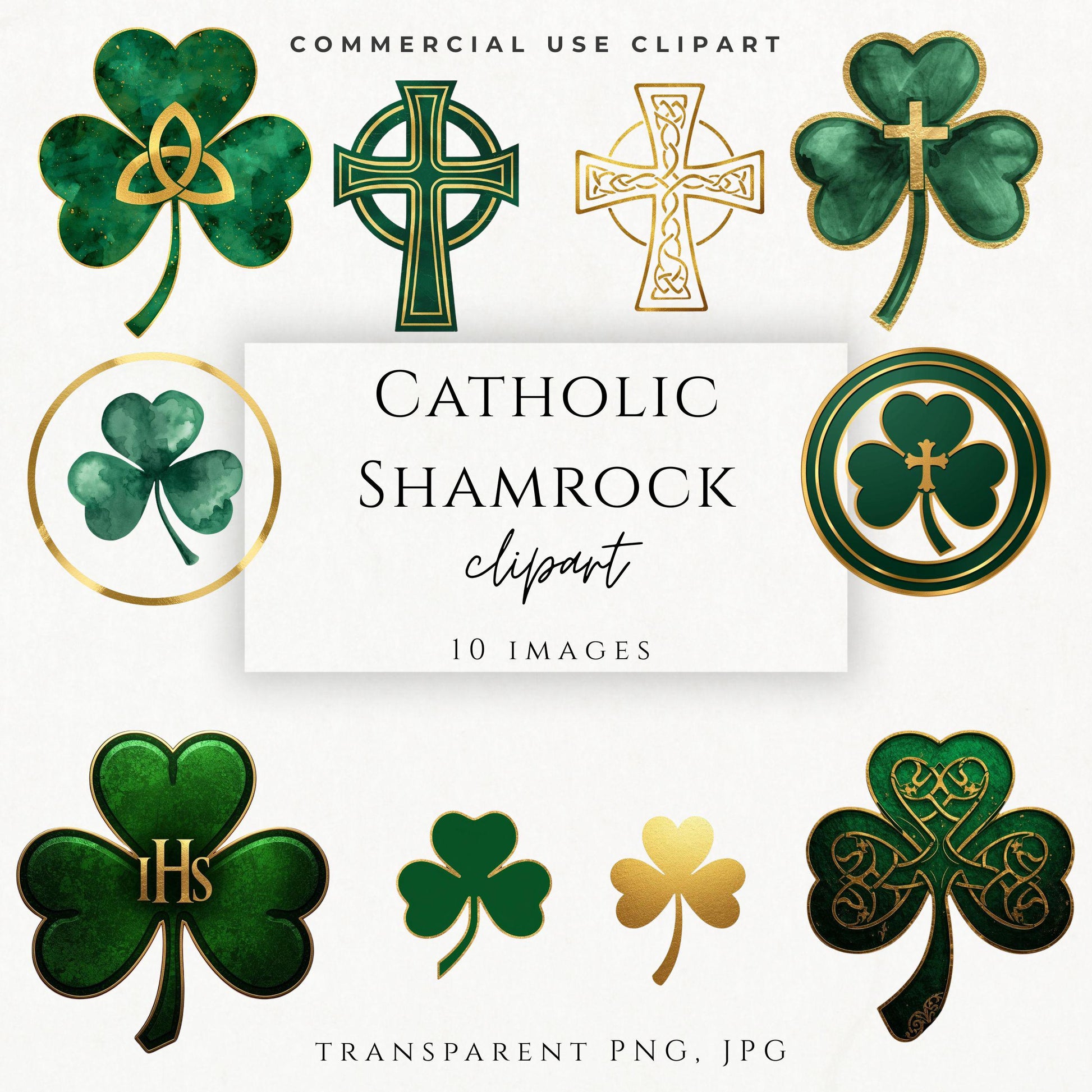 Catholic shamrock clipart with Trinity symbol and gold foil design | Trébol católico con símbolo de la Trinidad y diseño dorado