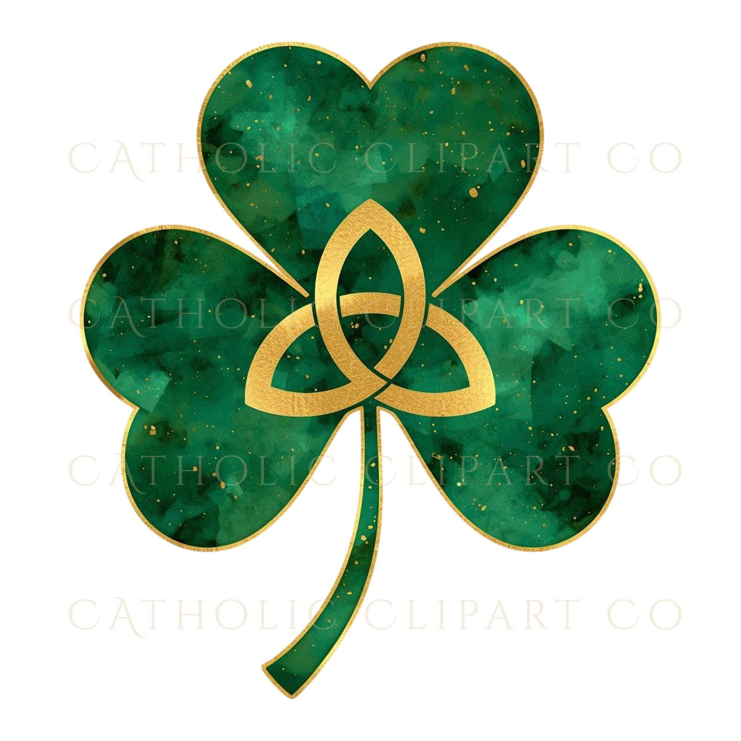 Catholic shamrock emblem with cross and gold foil border | Emblema de trébol católico con cruz y borde dorado