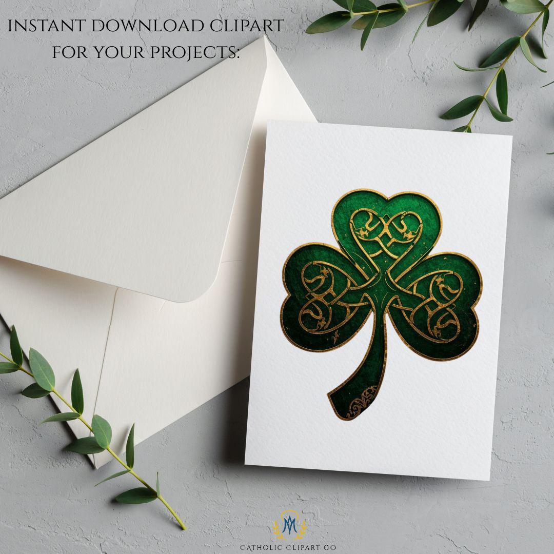 Green shamrock clipart with gold cross Christian St Patrick symbol | Trébol verde con cruz dorada símbolo cristiano de San Patricio